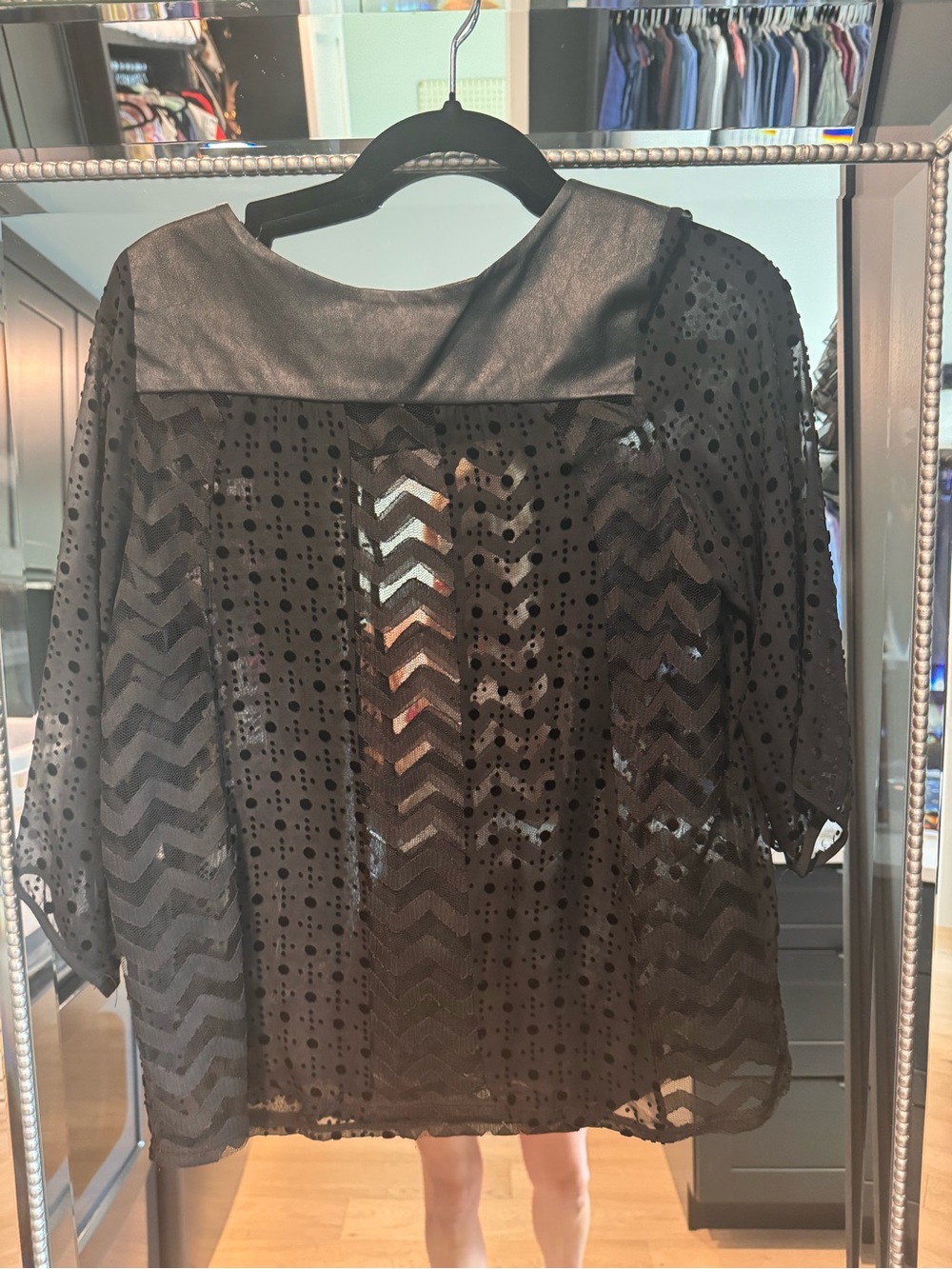 Helena Black Sheer Chevron & Dot Blouse- faux leather top